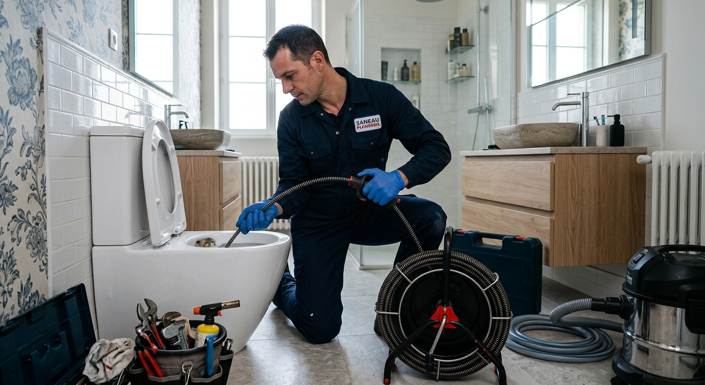 Plombier débouchant des WC avec un furet électrique à Villeurbanne