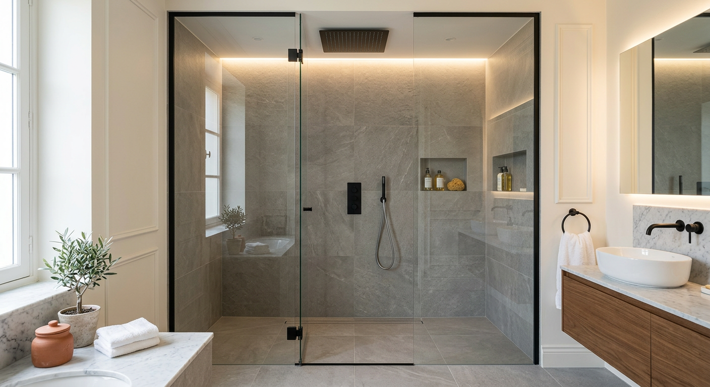 Installation de salle de bain moderne avec douche à l'italienne à Villeurbanne